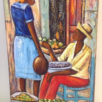 Signed Caribbean Woman In Market Stall 30 x 10