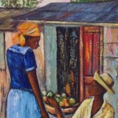 Signed Caribbean Woman In Market Stall 30 x 10