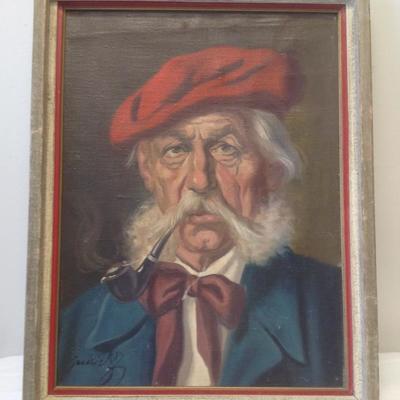 Signed Painting Man Smoking Pipe Portrait 18 x 14
