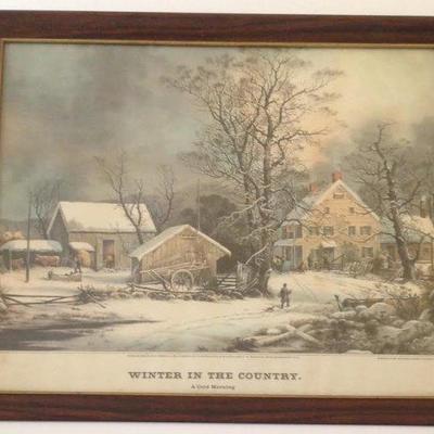 CURRIER & IVES -WINTER IN COUNTRY LITHOGRAPH 21 X 17