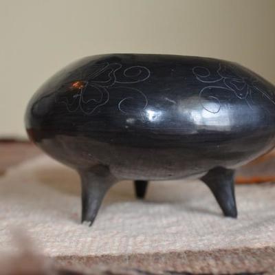 SIGNED GARCIA BLACK 6" DIAMETER FOOTED POT BLACK CLAY