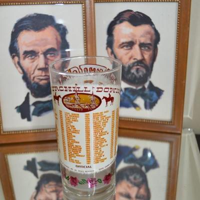 LINCOLN AND GRANT FRAMED PICTURES WITH 1977 DERBY GLASS