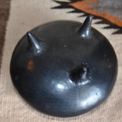 SIGNED GARCIA BLACK 6" DIAMETER FOOTED POT BLACK CLAY