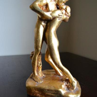 GOLD LEAF NUDE COUPLE CHALKWARE FIGURINE 12" TALL