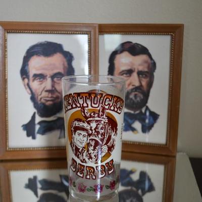 LINCOLN AND GRANT FRAMED PICTURES WITH 1977 DERBY GLASS