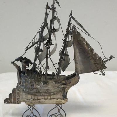 Vintage Miniature Silver Sail Boat with base