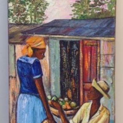 Signed Haitian Woman In Market Stall 30 x 10