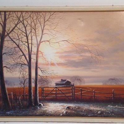 SIGNED H Bauhmann Farm House Field Oil Painting