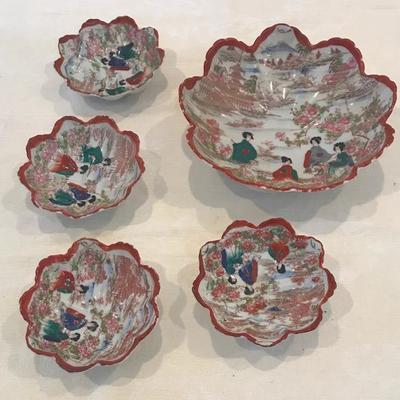 Five Japanese Red Scenic Rice bowls/ Different sizes