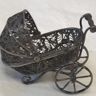 Vintage Miniature Silver Baby Carriage