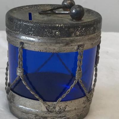 Vintage Drum Blue glass / Silverplate Money Bank