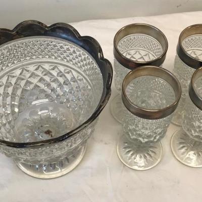 4 Metal rim drinking glasses with matching bowl