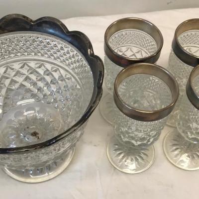 4 Metal rim drinking glasses with matching bowl