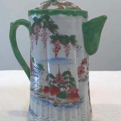 Japanese Green Floral Tea Pot Mountain Scene/ Cover