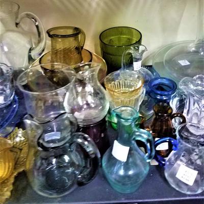 Lot 60: Glass Pitchers, Cake plate, Decanter, Etc.