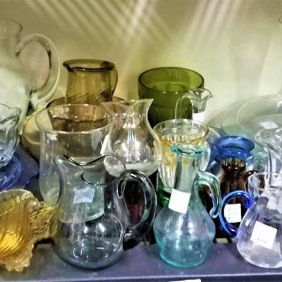 Lot 60: Glass Pitchers, Cake plate, Decanter, Etc.