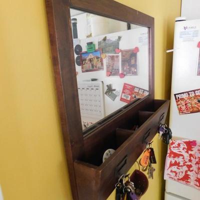 Solid Wood Hall Mirror with Catch Bins and Key Hooks