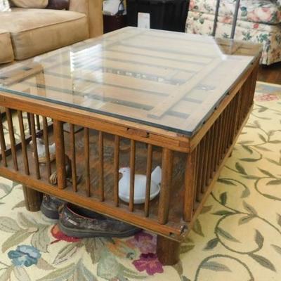 Antique Repurposed Chicken Coop Table with Glass Top 35