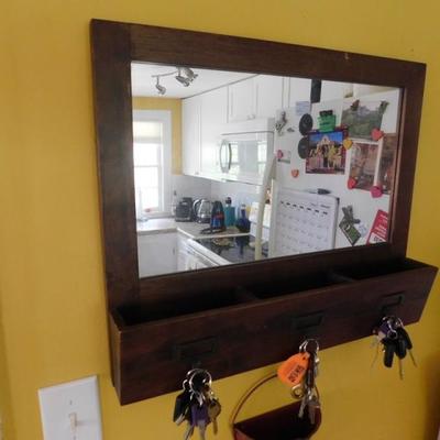 Solid Wood Hall Mirror with Catch Bins and Key Hooks