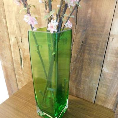 Heavy Green Glass Square Vase 14