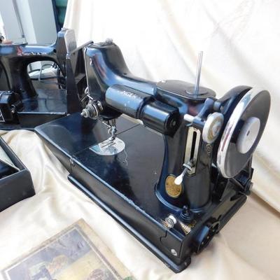 Pair of Vintage Featherlight Singer Table Top Sewing Machines with Accessories