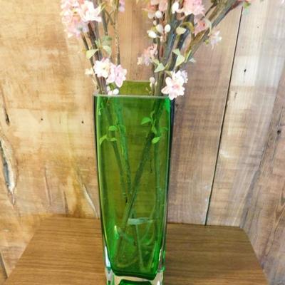 Heavy Green Glass Square Vase 14