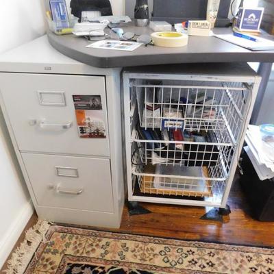 Desk with Filing Cabinet and Supply Cart (Table Top Contents Not Included)