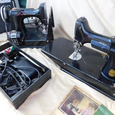 Pair of Vintage Featherlight Singer Table Top Sewing Machines with Accessories