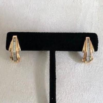 Pair of 14K Gold Art Deco Style Earrings with Channel Set Diamonds