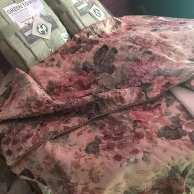 2 green towel set, 2 curtain valances, basket and embroidered table cloth