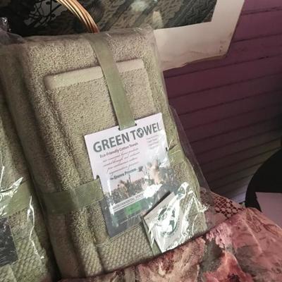 2 green towel set, 2 curtain valances, basket and embroidered table cloth