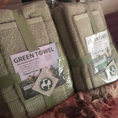 2 green towel set, 2 curtain valances, basket and embroidered table cloth