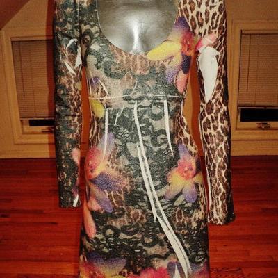 Vtg Animal print body con dress knit spandex 