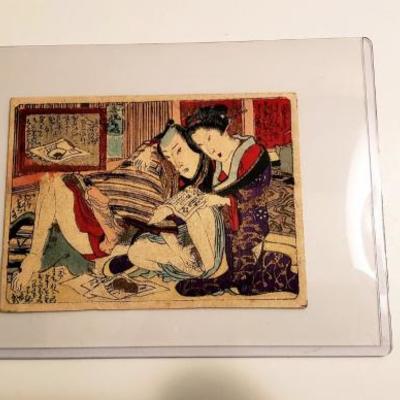 Antique Japanese Shunga erotic Woodblock print Traditional Foods