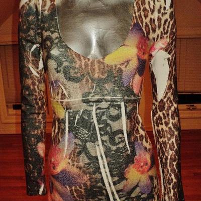 Vtg Animal print body con dress knit spandex 