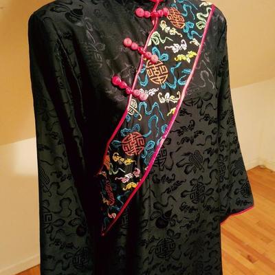 Vtg Peony silk Jacquard embroidered shift Macao dress 