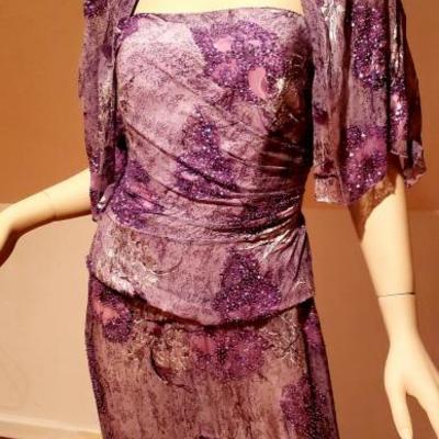 Vtg silk violet Jovani strapless beaded gown with cover scarf 