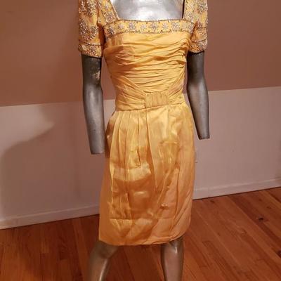 Vintage Canary yellow silk chiffon embellished toga ruched dress 