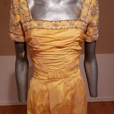 Vintage Canary yellow silk chiffon embellished toga ruched dress 