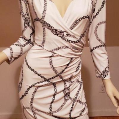 Vtg Ralph Lauren White Link Printed cross over dress