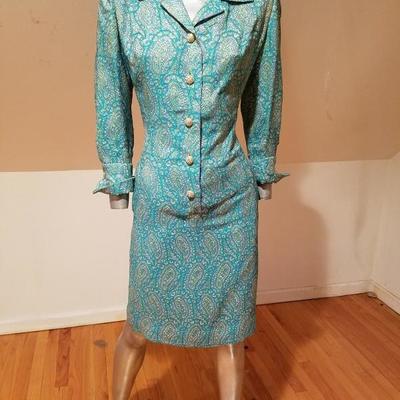 Aqua Gold metallic brocade coat trapeze dress rhinestone buttons 