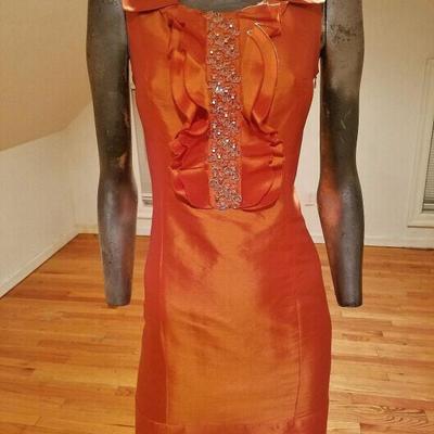 Orange Lame silk embellished mini dress ruffled bodice with collar