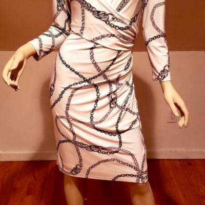 Vtg Ralph Lauren White Link Printed cross over dress