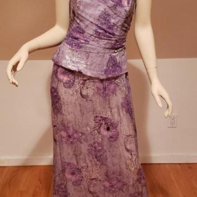 Vtg silk violet Jovani strapless beaded gown with cover scarf 