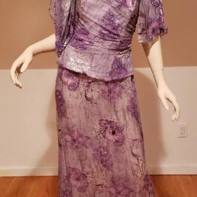 Vtg silk violet Jovani strapless beaded gown with cover scarf 