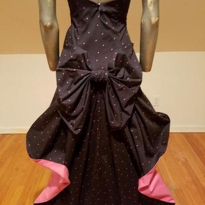 Vtg Laura Ashley strapless basque dress pink color block & dots kitten bow