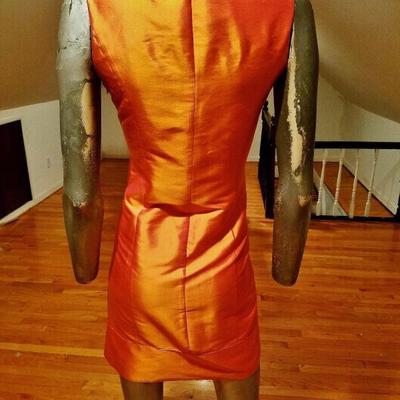 Orange Lame silk embellished mini dress ruffled bodice with collar