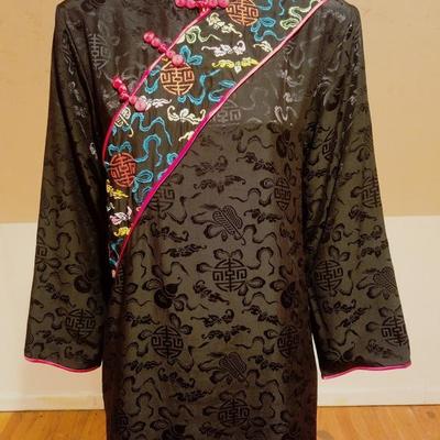 Vtg Peony silk Jacquard embroidered shift Macao dress 