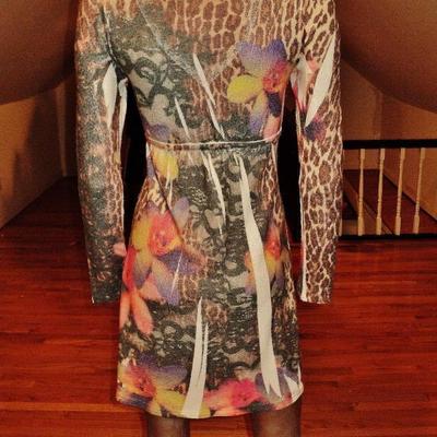 Vtg Animal print body con dress knit spandex 