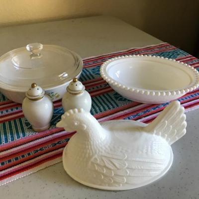 Lot 8: Pyrex Dish, Vintage White Milk Glass Nesting Hen, Salt/Pepper Shakers